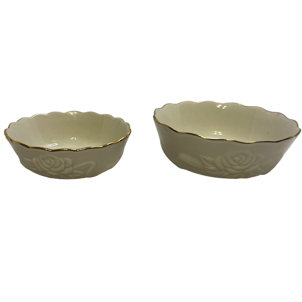 Lenox Ivory Bone China‎ Rose Embossed Scalloped Gold Rim Nesting Bowls Set 2